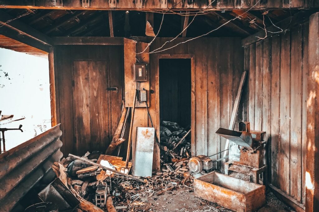 The inside of a demolished cabin.
